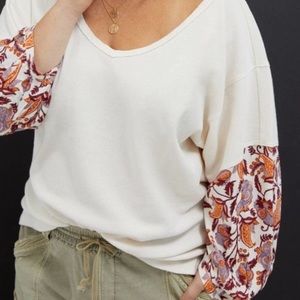 Anthropologie Thermal Waffle Knit With Floral Sleeves